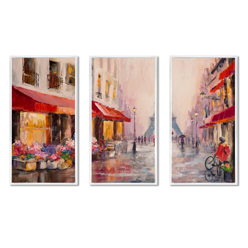 Designart "Lovers in Paris Eiffel Tower " Cityscape Framed Art Set of 3 - 4 Colors of Frames