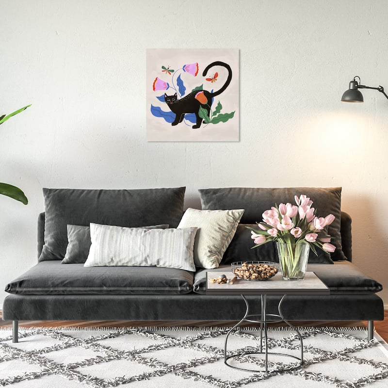 Wynwood Studio Canvas Animals Black Cat Floral Black and Bohemian & Eclectic Wall Art Canvas Print - Black, Blue - 20 x 20