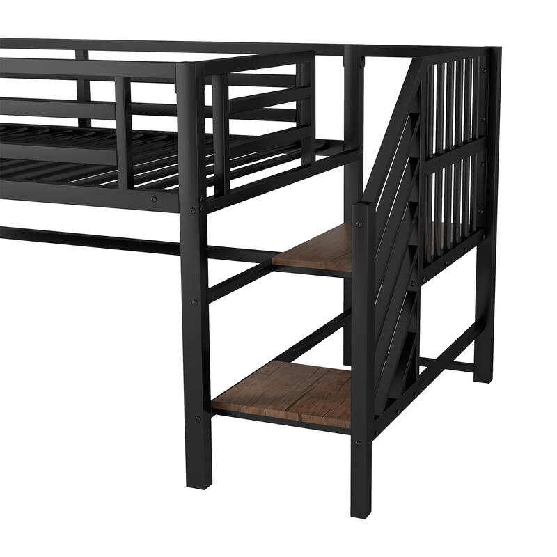 Twin Metal Loft Bed with Storage Cubby, Low Metal Loft Bed with Stairs for Kids