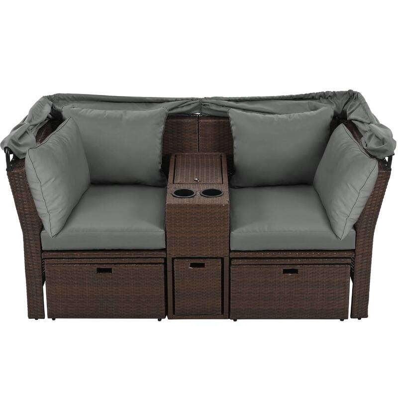 2-Seater Outdoor Patio Daybed Outdoor Double Daybed Outdoor Loveseat Sofa Set with Foldable Awning and Cushions for Garden