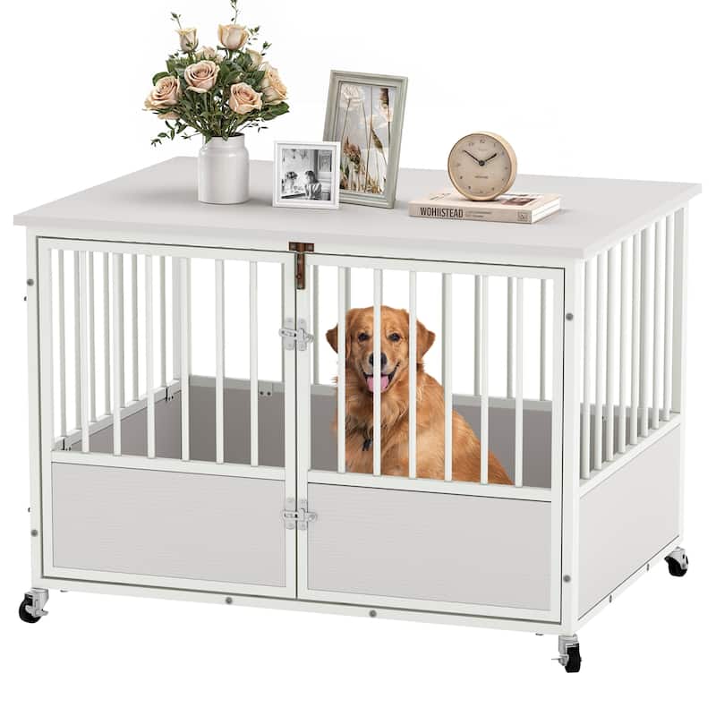 38"/43" Dog Crate Furniture Cage Table with Wheels And Double Doors - 43" - White