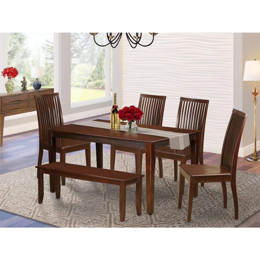 HomeStock 6-Piece Rectangle Mahogany Finish Solid Wood Top Dining Table with 1 Bench, 4 Chairs with Lattice Back