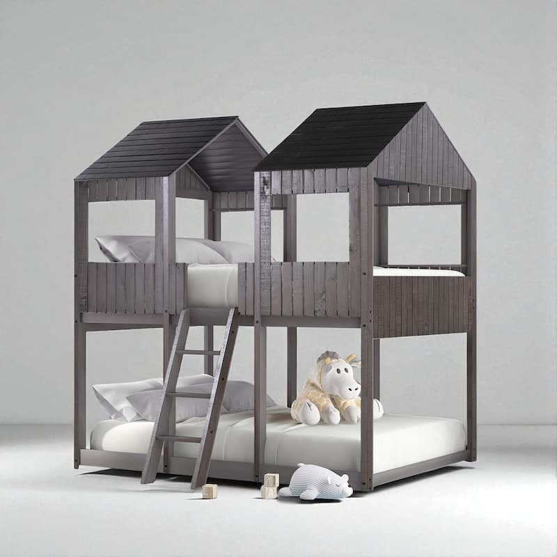 Full Over Full Wood Bunk Bed with Roof and Window, Guardrails and Ladder, House Style Frame for Kids