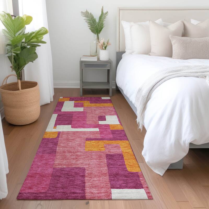 Machine Washable Indoor/ Outdoor Contempoary Blocks Chantille Rug
