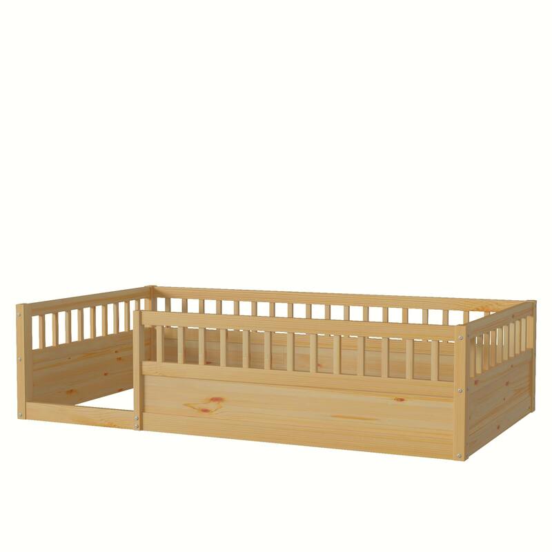 Kids Floor Bed Frame Toddler Montessori Low-Profile Floor Bed with Solid Wood Baffle Fence, No Slats No Door for Children's Room
