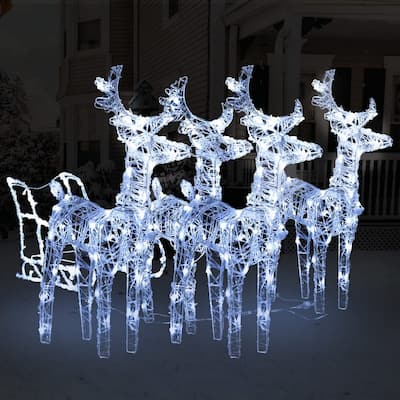 4pc Outdoor Reindeer n Sleigh Christmas Decoration, 240 Cool White LED - Cool White