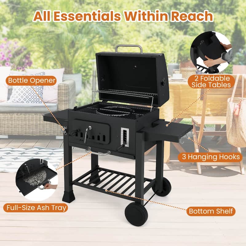 Costway Barrel Charcoal Grill with 2 Folding Side Tables 24-Inch - as pic shows - See Details