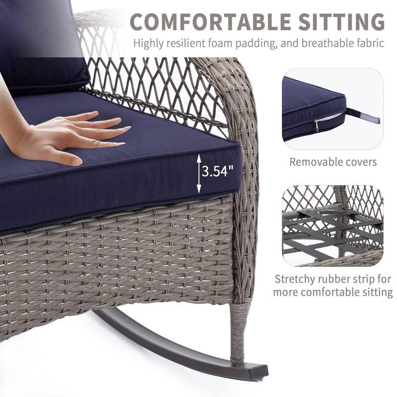 3 Pieces Outdoor Swivel Rocker Chairs, 360 Degree, Thickened Cushions & Glass Coffee Table