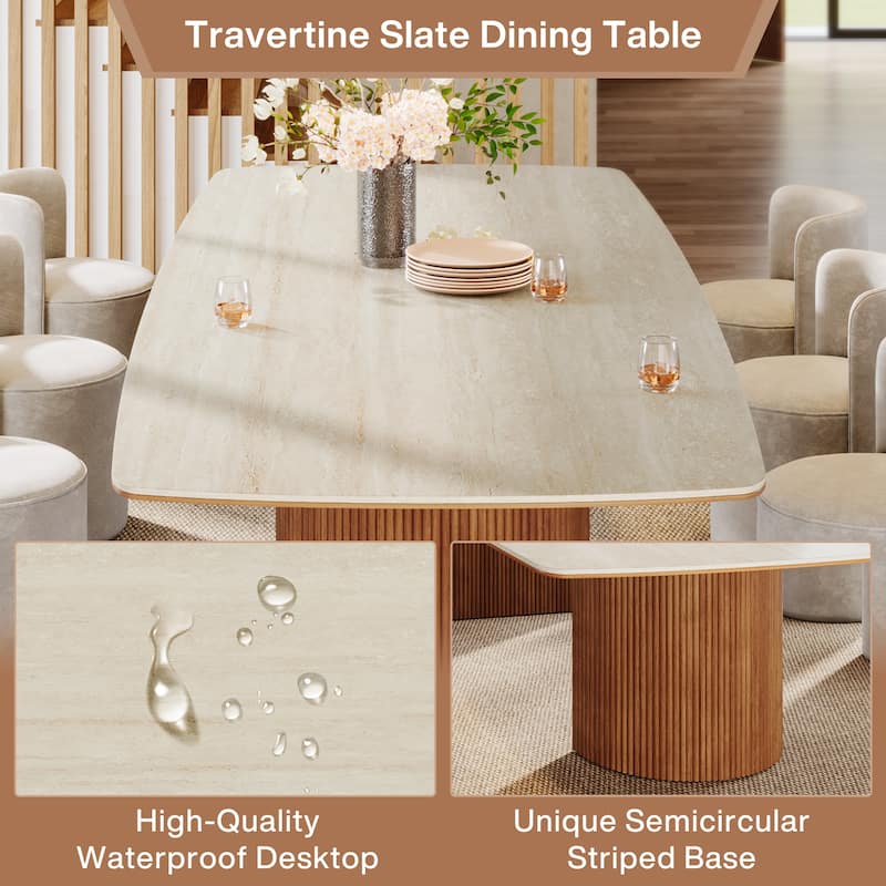 78.74" Travertine Slab Dining Table, Modern Horse Belly Dining Table