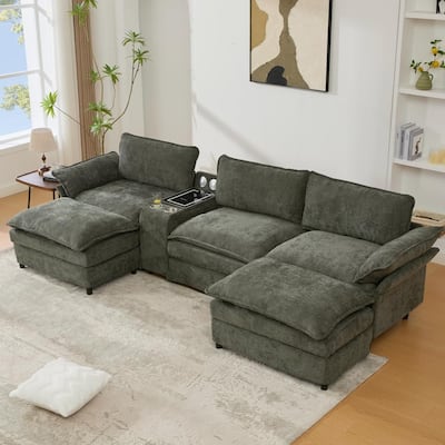 Modern Modular Sectional Sofa with Storage Console and Wireless Charging, Ottomans