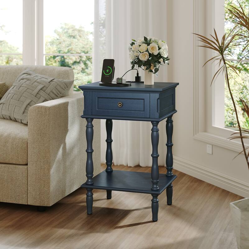 Nightstand with Built-in Charging Outlets, Minimal Assembly Needed - Blue