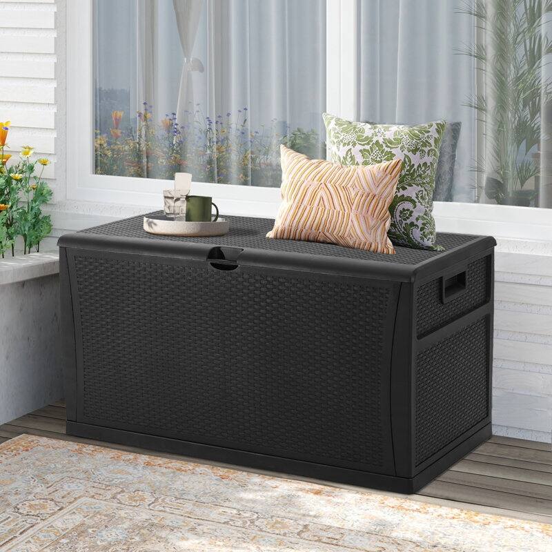 SUNCROWN 120 Gallon Deck Box Outdoor Resin Wicker Storage Container - Black