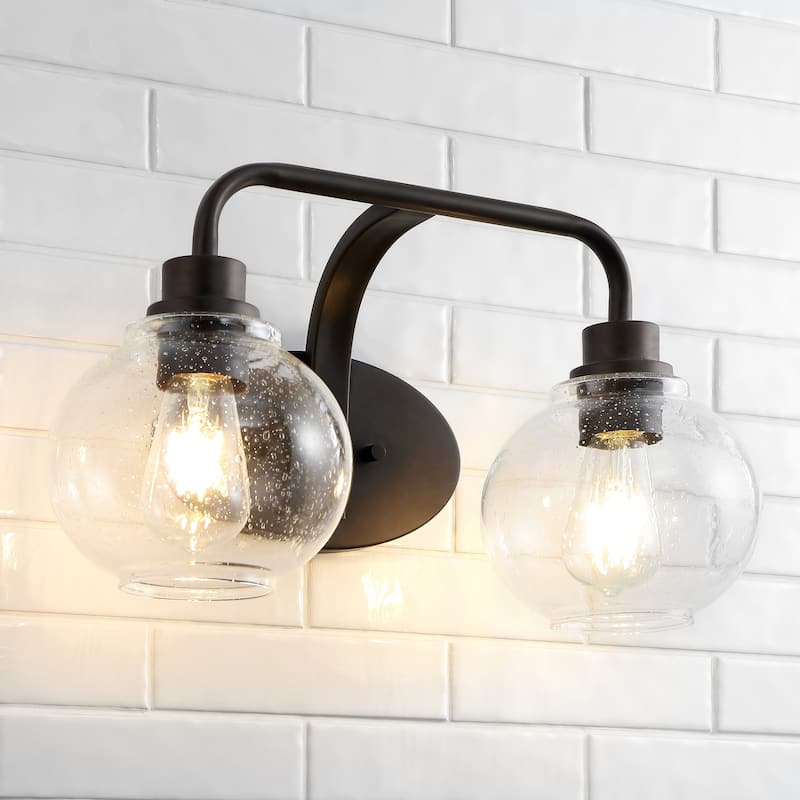 Staunton Iron/Seeded Glass Cottage Rustic LED Vanity Light, by JONATHAN Y - 2-Lights - Black