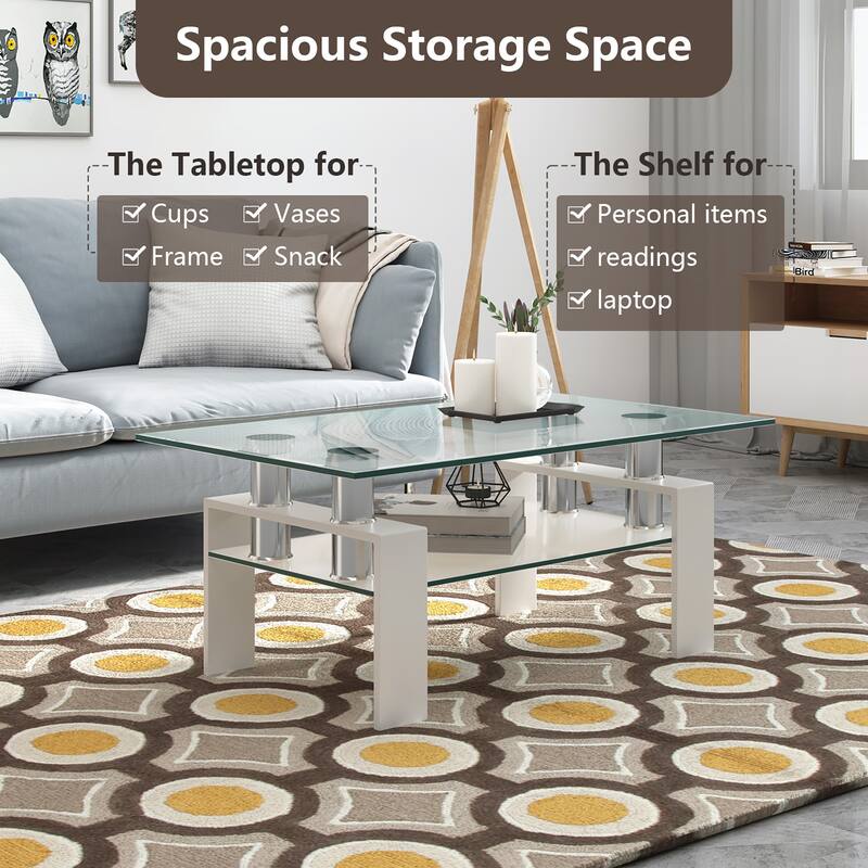 Costway Rectangle Glass Coffee Table Metal Legs End Table Livingroom