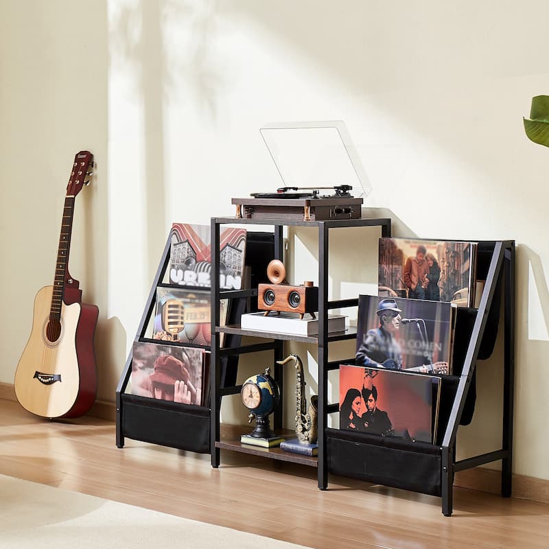 Black 3-Tier Metal Record Player Stand with Built in Power Strip and Oxford Fabric Bags - 49.21" x 11.81" x 29.13"