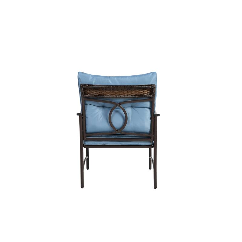Outdoor Steel Frame Table Chairs Set, Modern Rattan Chairs Sets with Round Glass Coffee Table for Patio, Balcony, 3-Piece