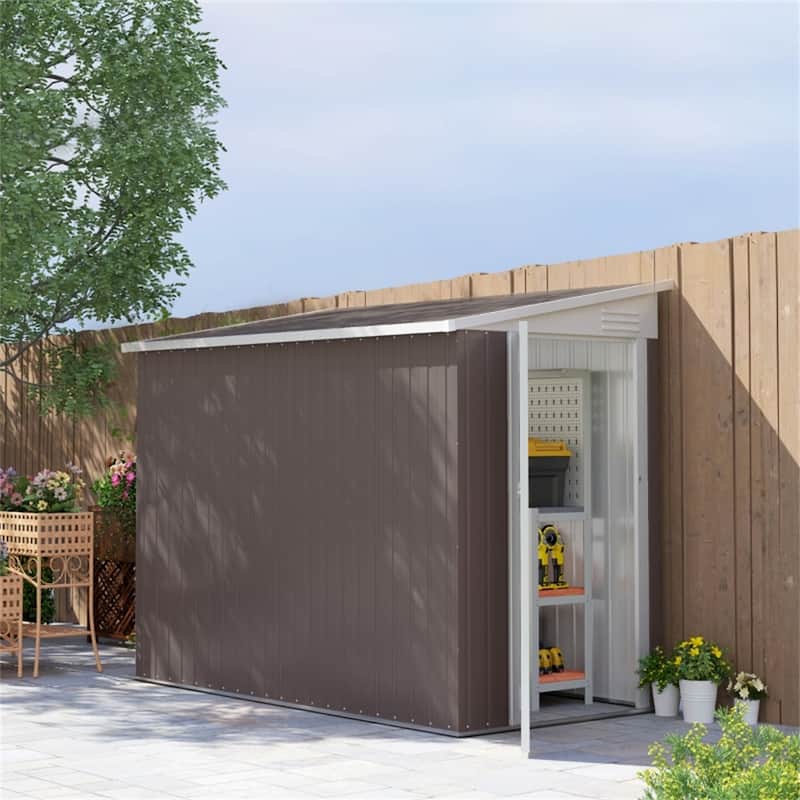Metal Garden Shed Outdoor Storage Lockable Door Galvanized Steel - 51.2" W x 92.5" D x 64.6" - Brown