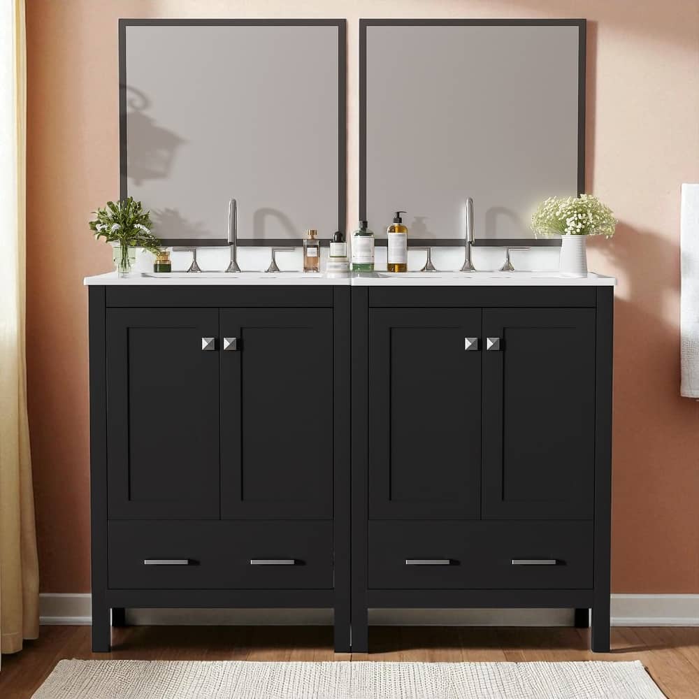 48'' Bathroom Vanity with Ceramic Sink, 4 Soft-Close Doors, 2 Drawers, Adjustable Shelf, Solid Wood Frame & Storage Cabinet