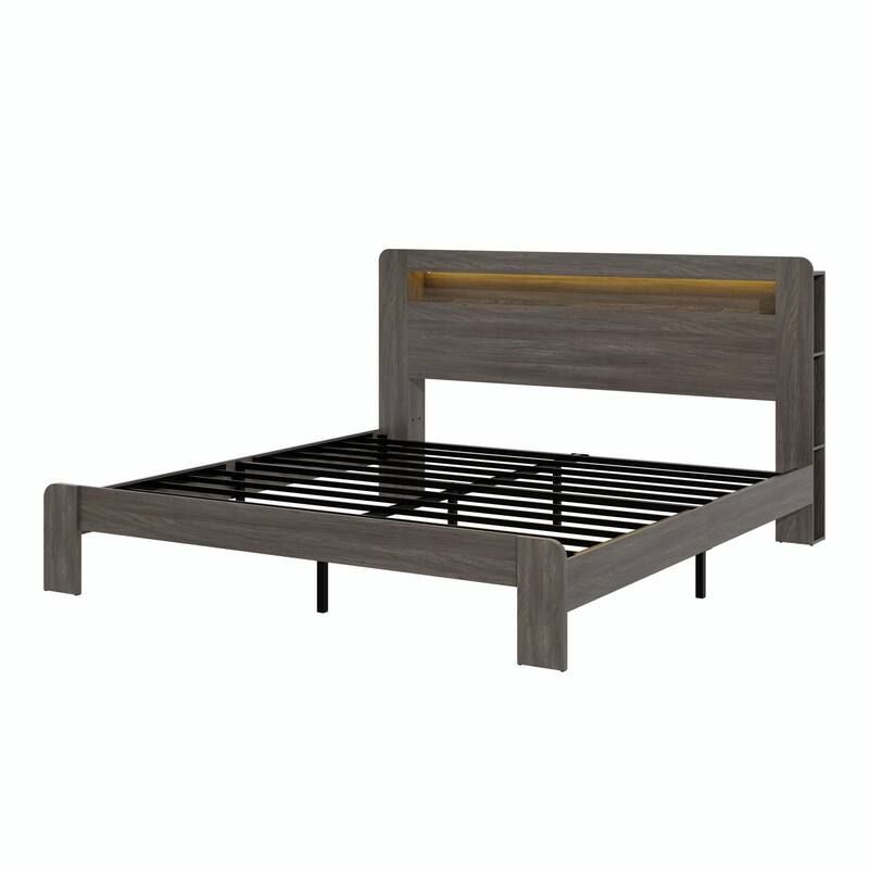 Wood Platform Bed Frame with Storage, LED Light Headboard and 2 USB Ports, Noise-Free