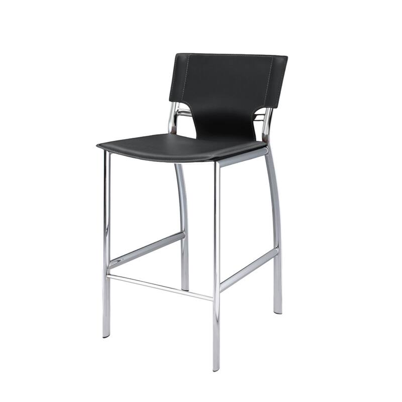 HomeRoots Set of Two 25" Gray and Silver Faux Leather and Metal Low Back Counter Height Bar Chairs