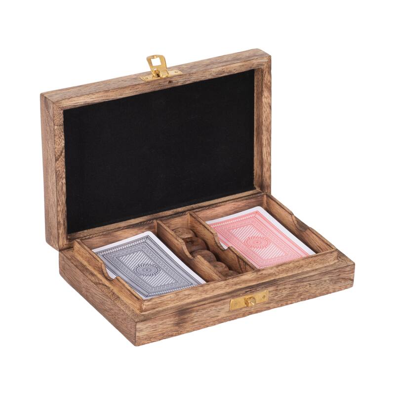 Sagebrook Home's Mango Wood and Brass 7x5 Cards & Dice Box - Artisan Crafted, Brown, Ideal for Home Entertainers - 7" x 5" x 2"