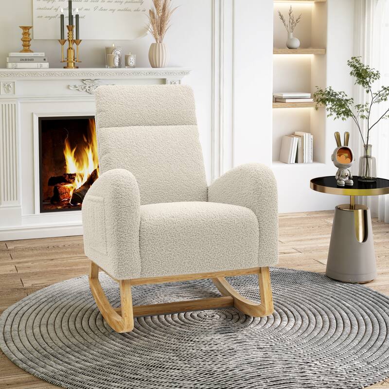 Modern Teddy Fabric Rocking Chair With Right Pocket For Indoor - Ivory