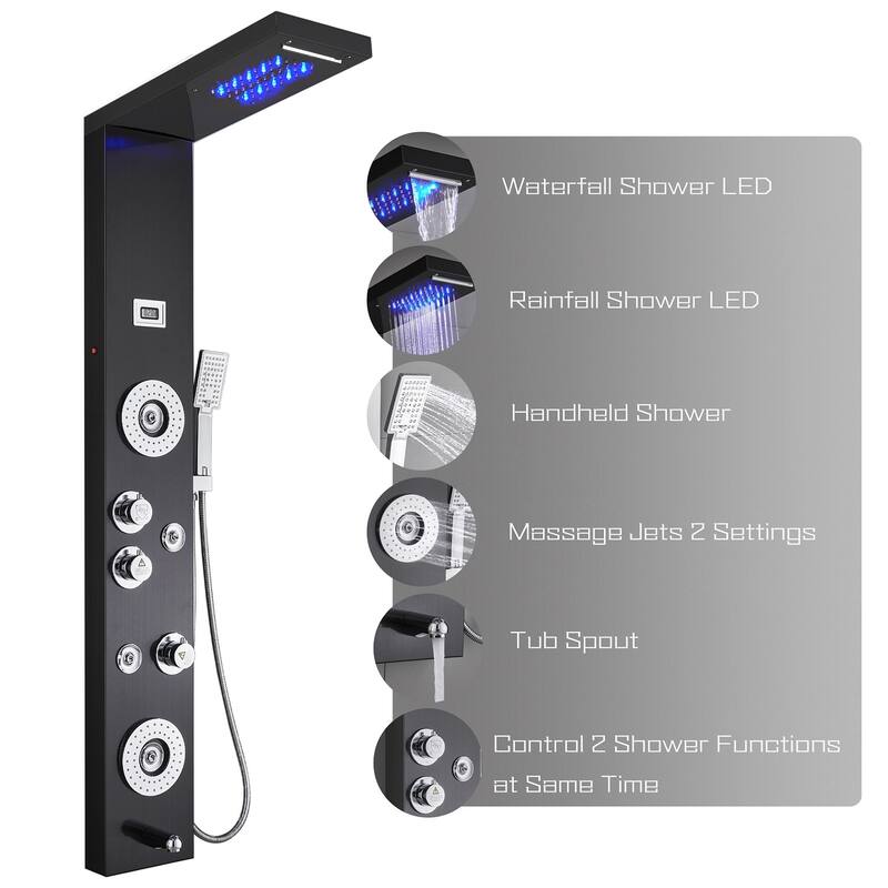 52 in. LED Shower Panel Tower System and Tub Spout in Brushed Black
