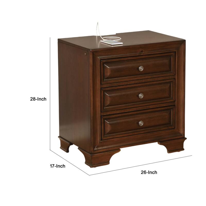 Wooden Night Stand With 3 Drawers In Cherry Brown