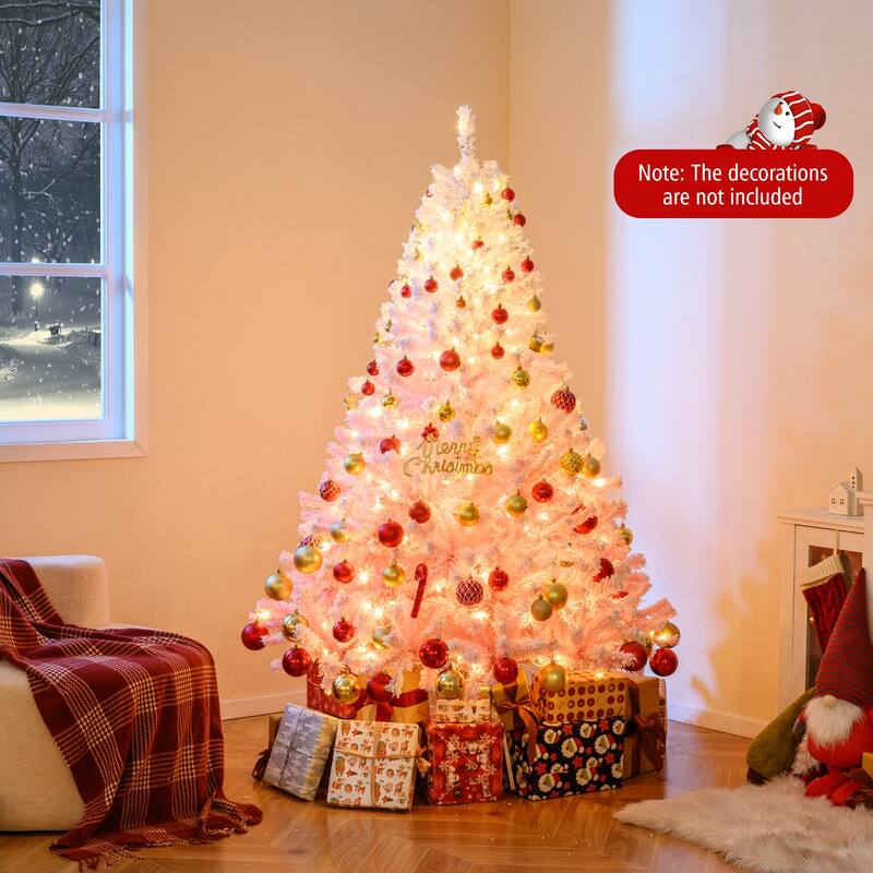 Gymax Artificial Christmas Tree Hinged Snow Flocked Xmas Tree w/ - Pink, White