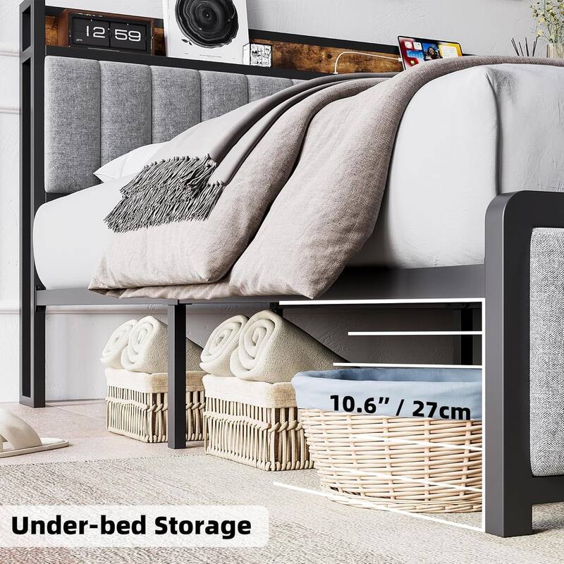 Full Size Upholstered Platform Bed Frame with Storage Headboard, Charging Station, Metal Slats, Noise-Free Design