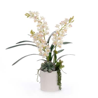 Real Touch White Cymbidium Orchid Arrangement in White Pot
