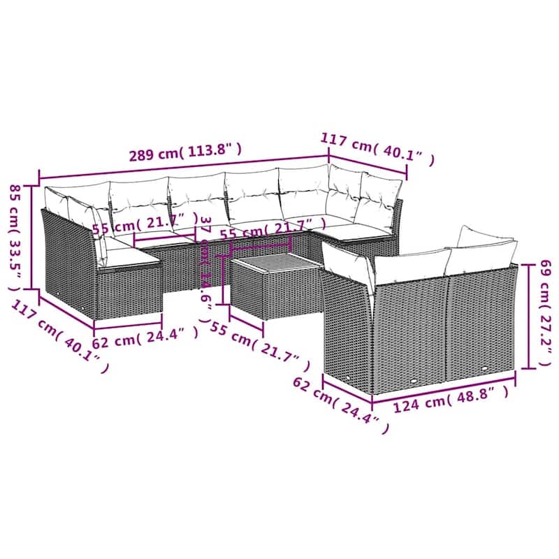 vidaXL Patio Sofa Set with Cushions Outdoor Furniture 10 Piece Poly Rattan - 24.4 x 24.4 x 27.2