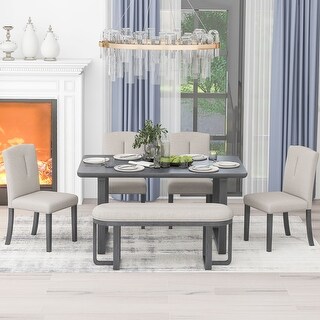 6 Piece Dining Table Set with 4 Upholstered Chairs & Bench, Gray+Beige ...