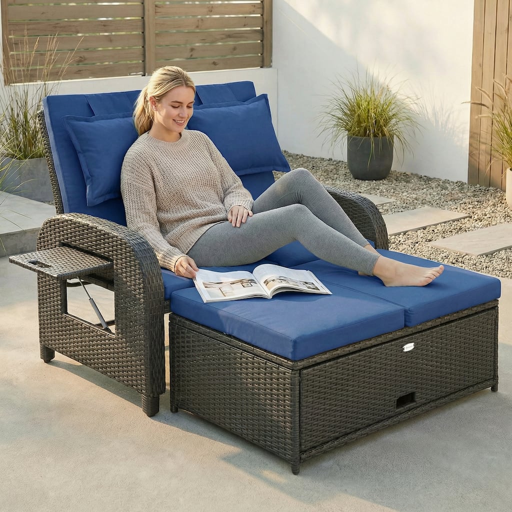 Outsunny Patio Rattan Daybed, Wicker Outdoor Daybed with Storage Ottoman, Loveseat Sofa with Adjustable Backrest