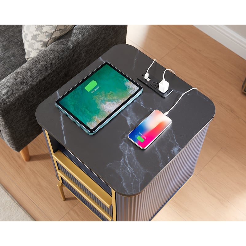 Modern Fluted Nightstand Set of 2 with Charging Station, End table