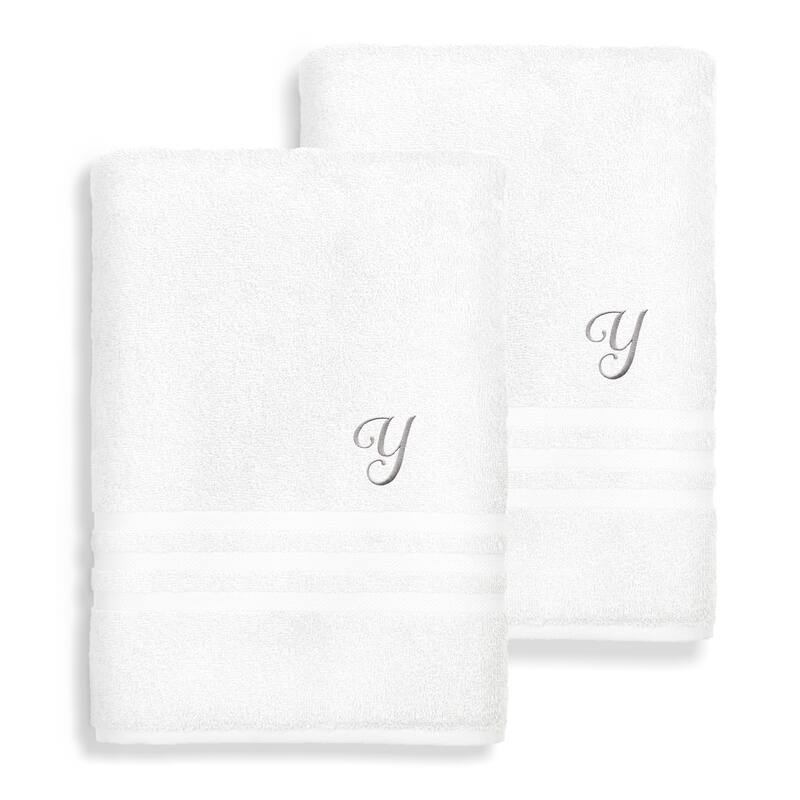 Authentic Hotel and Spa Omni Turkish Cotton Terry Set of 2 White Bath Towels with Grey Script Monogrammed Initial - White/Y