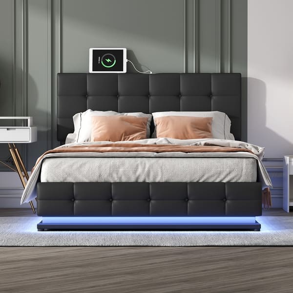 slide 2 of 18, Tufted Upholstered Platform Bed with Hydraulic Storage System,Queen Size PU Storage Bed with LED Lights and USB charger