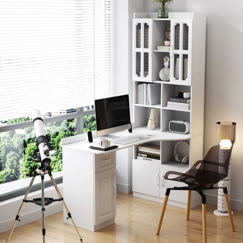 Roomfitters L-Shaped Corner Computer Desk with Hutch and Shelves, Modern Home Office Study Desk with Storage, White