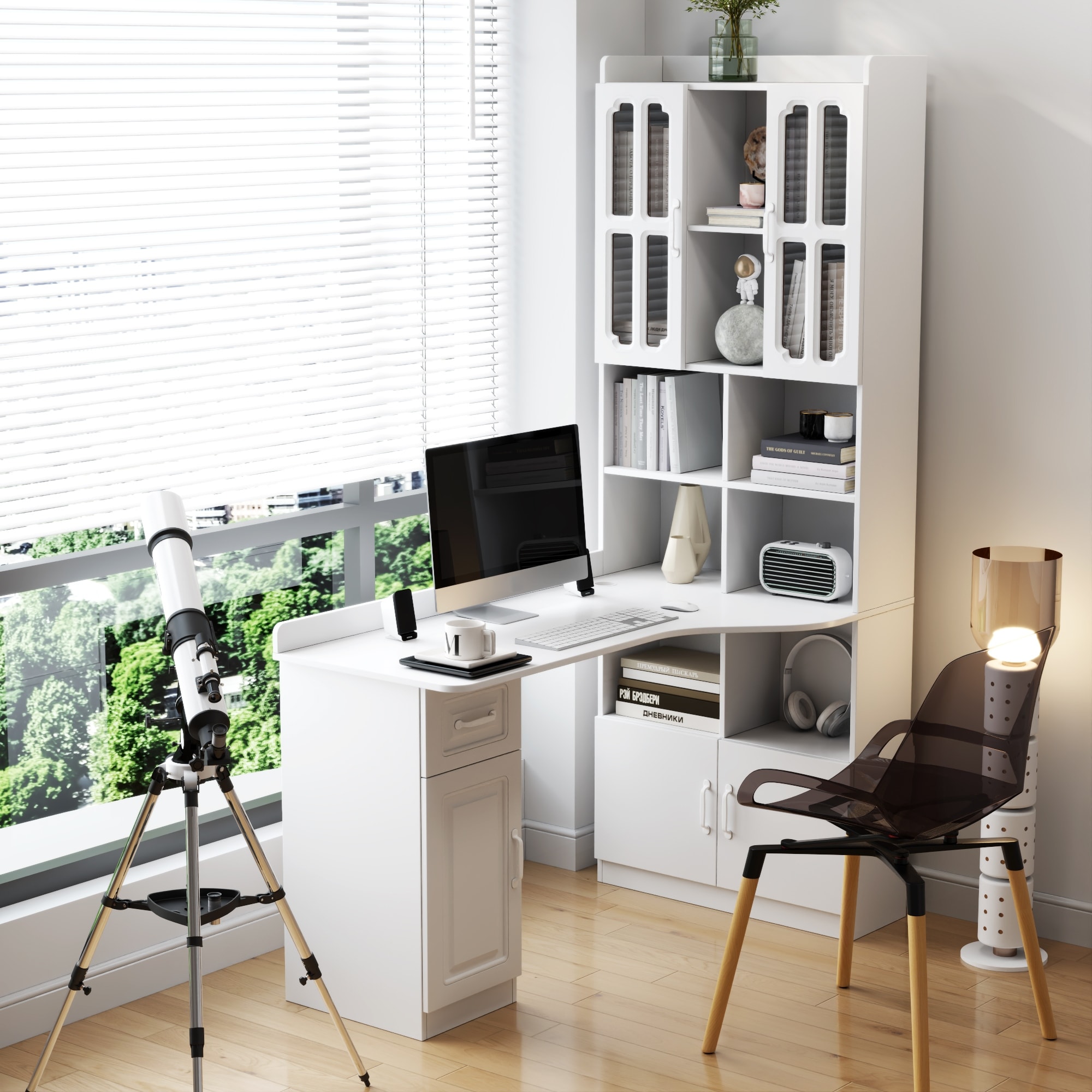 Study Modern Style Table with Drawers, Bookshelf & Hutch, 2-in-1 L-Shaped Design