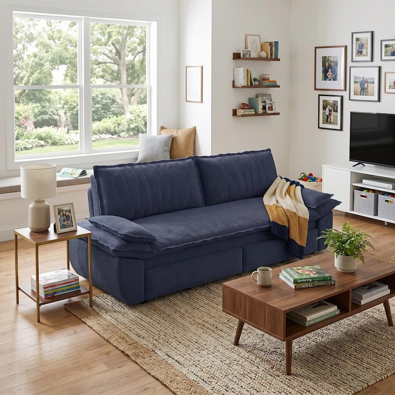 Homy Casa 73.2''/94.5" Queen/King Pull Out Sofa Bed, 3-in-1 Corduroy/Velvet Sleeper Couch - Corduroy Blue