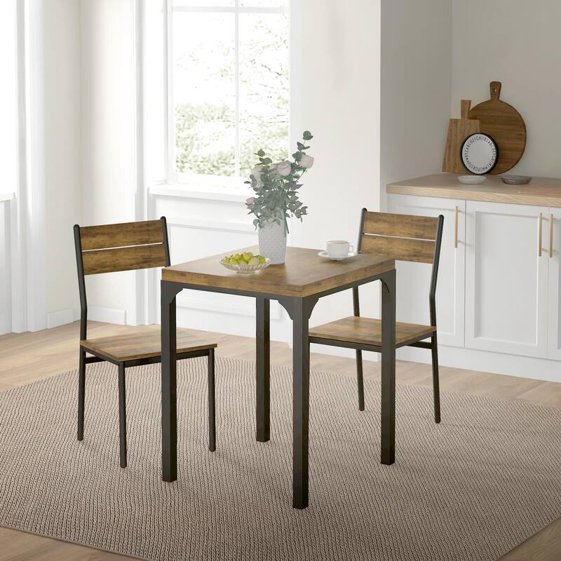 Modern Style 3-Piece Dining Set with Square Counter Height Bar Table and 2 Rustic Brown Open Back Stools