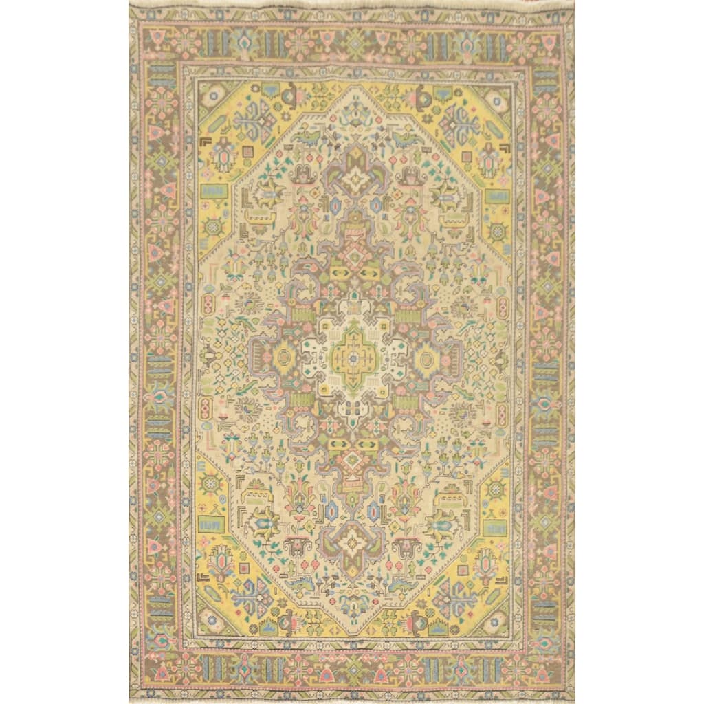 Hand Knotted Oriental 100% Wool Carpet Traditional Floral Beige & Ivories Tabriz Area Rug - 9' 5'' X 6' 5''