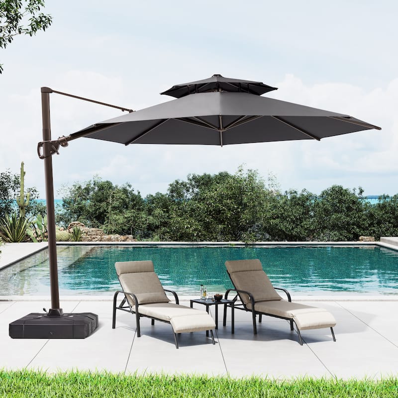 11 ft Outdoor Aluminum Dual Top Solar Powered LED Lighted Patio Cantilever Umbrella and Weighted Base
