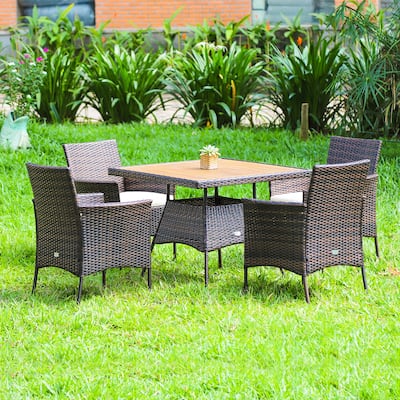 Costway 5PCS Patio Rattan Dining Furniture Set Arm Chair Wooden Table - See details