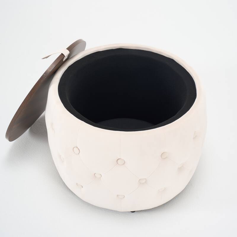 Luxurious Nesting Ottomans of 2, Round Storage Foot Stool with Wood Tray