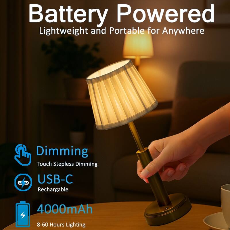 Modern Rechargeable LED Table Lamp with Fabric Shade Classic Touch Control USB Cordless Nightstand Light for Bedroom (2 Pack)