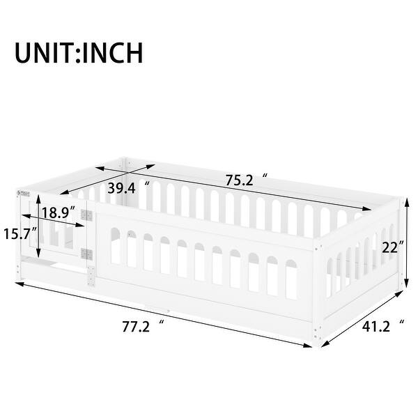 dimension image slide 3 of 4, Solid Wood Floor Bedframe with Heightened Safety Guardrails and Door