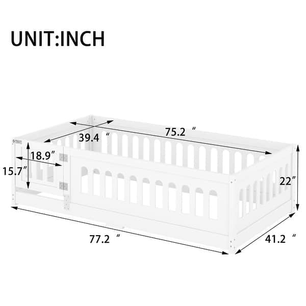dimension image slide 2 of 8, White Bed Frame Montessori Bed Twin Size Toddler Floor Bed with Guardrails and Door for Children Boys Girls Kids Playroom
