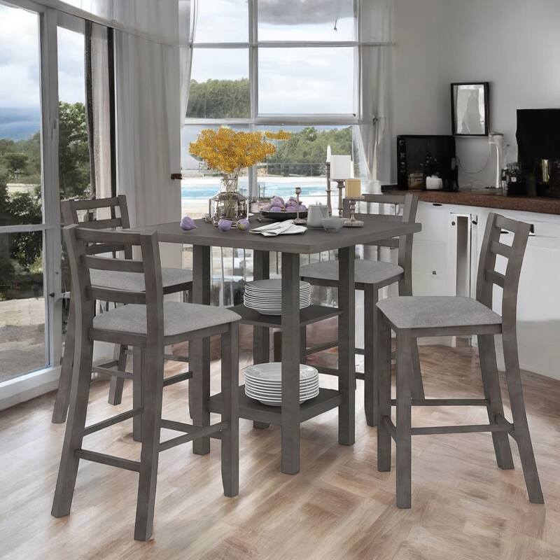 5-Piece Wooden Counter Height Dining table Set with Padded Chairs & Storage Shelf for Dining Room and Kitchen