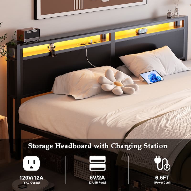 Platform Bed with Storage Headboard, Bed Frame with Charge Station and LED Light